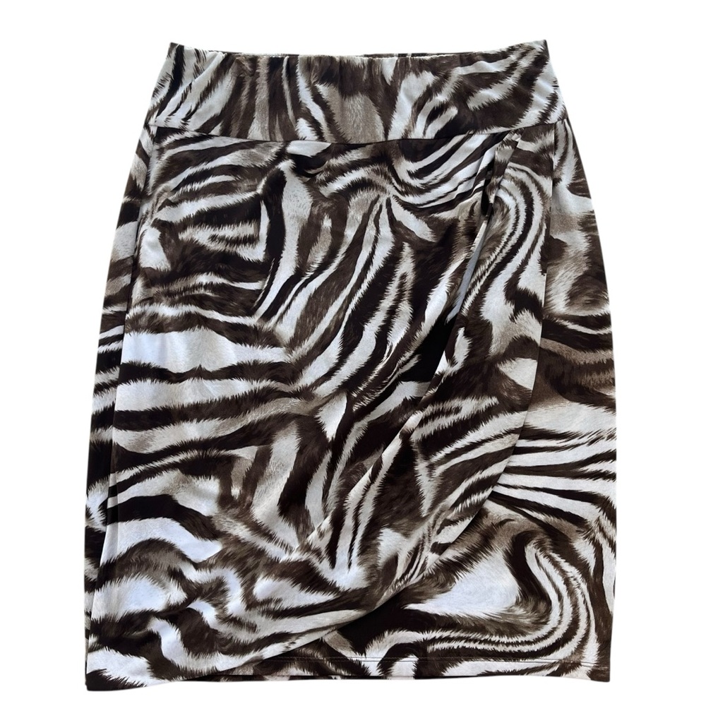 Chico’s Women S 0 Cream Brown Zebra Animal Print Faux Wrap Stretch Pull On Skirt